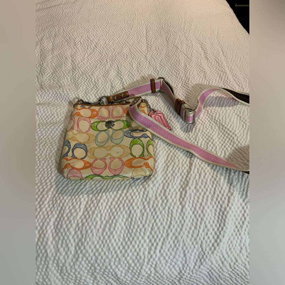Coach Multicolor Signature Crossbody Bag with Pink Strap